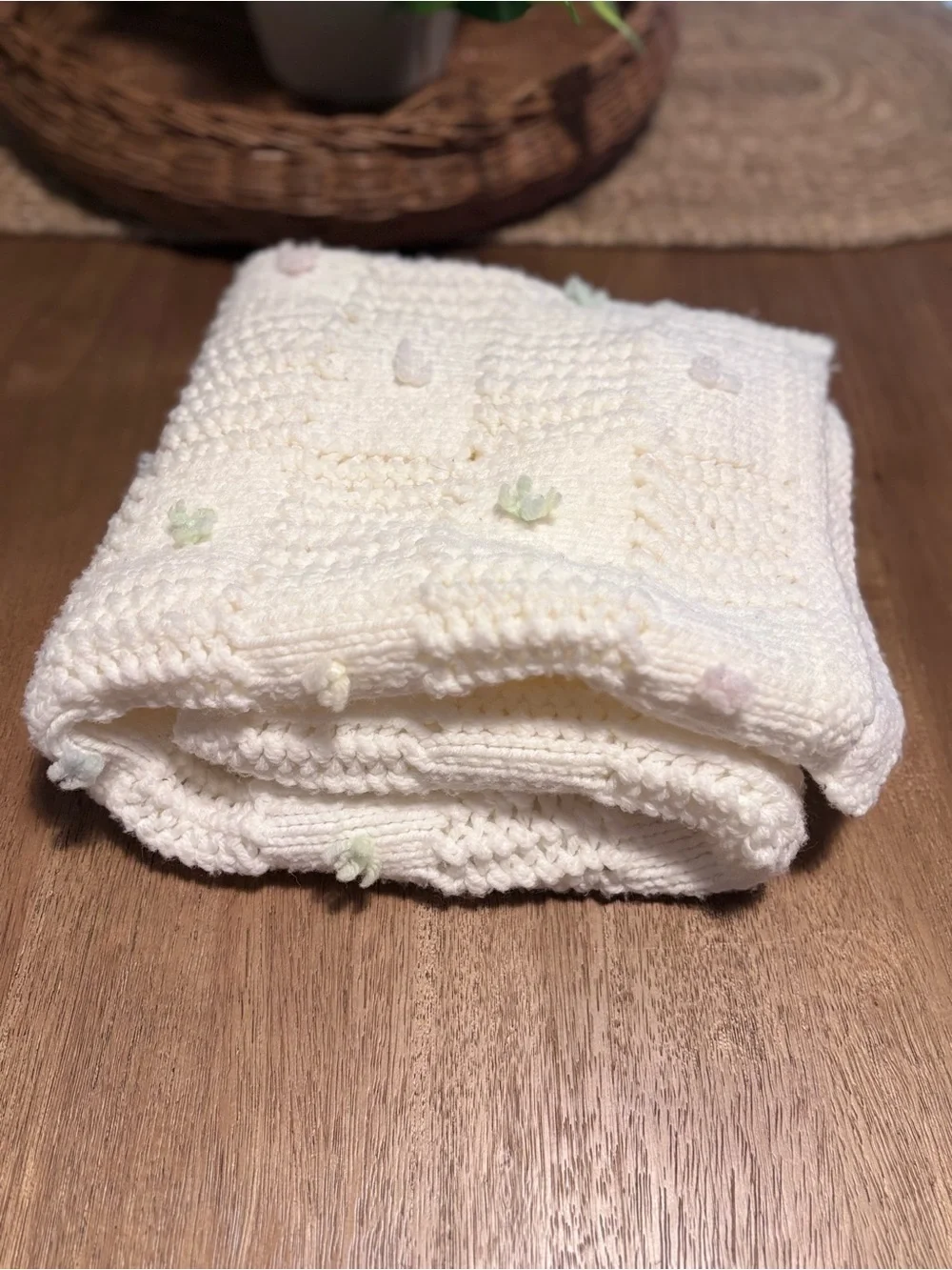 Handmade White Crochet Baby Blanket with Pastel Bobbles